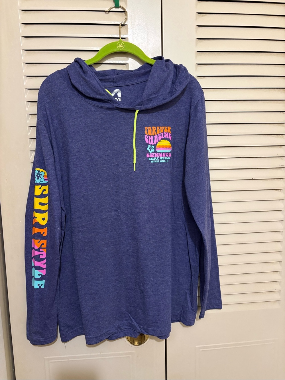 Surf Style women’s Long-Sleeve Hooded Tee - blue with Neon Graphics